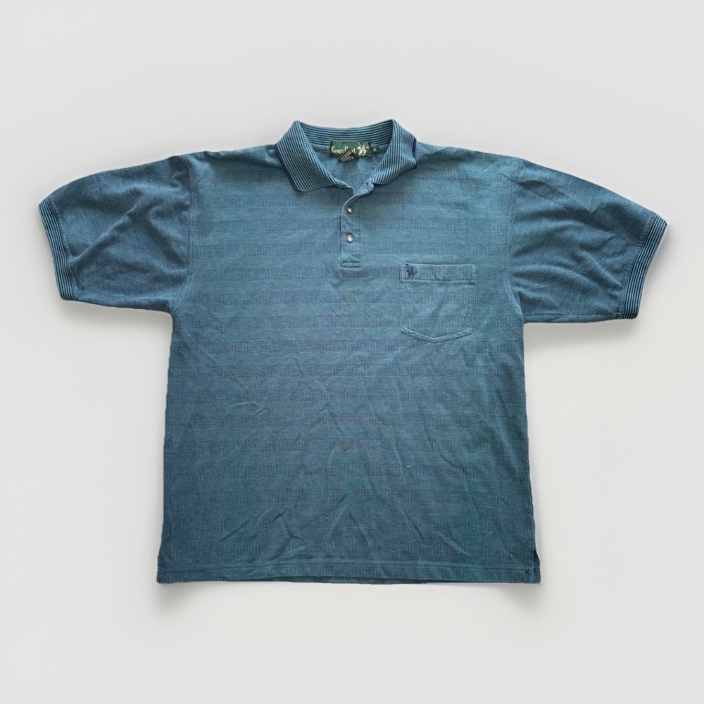 Vintage King's Court Polo Shirt XL Blue Gray Textured Stripe 90s Casual